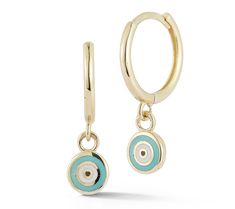 Boasting a vibrant design with a hint of mystical appeal, these 14K gold earrings are accented with round Evil Eye charms. From Luminosa Gold. Yellow Gold Enamel Huggie Earrings For Gift, Yellow Gold Enamel Huggie Earrings As Gift, Small Hoop Yellow Gold Enamel Earrings, Nickel-free Enamel Round Hoop Earrings, Yellow Gold Small Hoop Enamel Earrings, Yellow Gold Enamel Small Hoop Earrings, Yellow Gold Small Hoop Earrings With Enamel, Yellow Gold Enamel Hoop Earrings For Pierced Ears, Gold Enamel Round Huggie Earrings