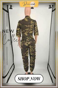 Camo Turn Down Collar Zipper One Piece Jumpsuit Fitted Camouflage Casual Jumpsuit, Color Pick, Camo, Jumpsuit Romper, Zipper, Jumpsuit, Rompers, Collar, One Piece