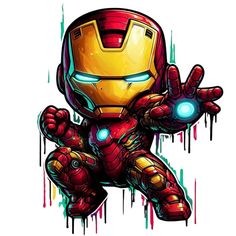 a cartoon iron man sitting in front of some paint splatters on the wall