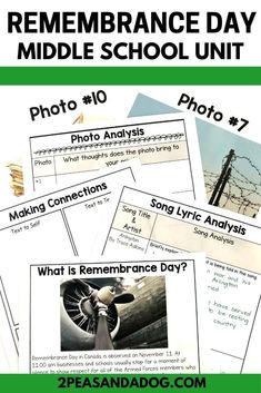 the remembrance day middle school unit is shown with four pictures and text on top of it