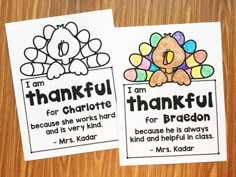 two thanksgiving cards with the words, i am grateful for charlotte and brandon