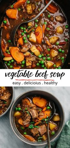 two pictures showing different types of meat and vegetables in a pot with the title vegetable beef soup