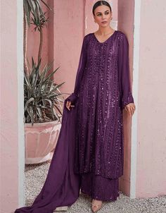 Purple Sharara style Suit Faux Georgette Salwar Kameez in Embroidery, Sequins & Lace Work:Arabic Attire #desisalwarkameez #cheapindiansalwarkameez #suitssalwar #designersalwarsuitsonline #onlinereadymadesalwarkameezshoppinginindia #suitsdesigns #newstylesuitsforladies #salwarkurtadesigns #newfashionsalwarkameezpictures #bestindiansalwarkameezonline #designerchuridarpatterns #newfashionsalwarkameez #bestsalwarkameez Purple Indian Suit, Fitted Purple Georgette Salwar Kameez, Purple Desi Outfit, Festive Purple Georgette Salwar Kameez, Purple Georgette Salwar Kameez For Festivals, Purple Salwar Suit, Purple Pakistani Suit, Floor-length Purple Salwar Kameez With Cutdana, Unstitched Floor-length Purple Salwar Kameez