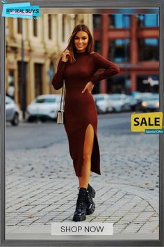 Autumn and Winter Dresses Sexy Round Neck Slim Solid Color Long Sleeve Dresses Knee-length Midi Dress For Club In Winter, Brown Club Dress For Fall, Brown Dress For Club In Fall, Brown Dress For Club And Fall Season, Long Sleeve Dresses, Sleeve Dresses, Winter Dresses, Autumn And Winter, Round Neck