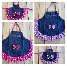 three pictures of aprons with bow ties on them and the words hello kitty written in pink