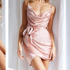 Brand New With Tags Never Worn Satin Rose Gold Mini Dress From Selfie Leslie Hot Mini Dress, Neck Wrap Dress, Dress Rose Gold, Mini Dress Hot, Selfie Leslie, Satin Belt, Cowl Neck Dress, Clothing Tags, Date Night Dresses