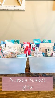 two white baskets filled with nurse's gifts on top of a wooden table next to a sign that says nurses basket gifts