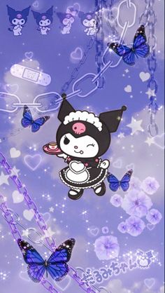 an image of a cartoon character with butterflies on the sky and stars in the background