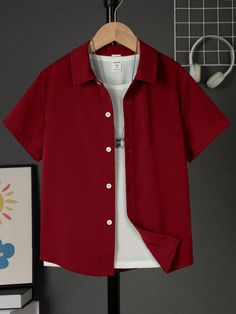 Tween Boys' Casual Comfortable Solid Color Short Sleeve Shirt Red Casual  Short Sleeve Woven Fabric Plain Shirt Non-Stretch Summer Tween Boys Clothing, size features are:Bust: ,Length: ,Sleeve Length: Plain Shirt, Plain Shirts, Boys Top, Boys Casual, Color Shorts, Casual Streetwear, Kids Sleepwear, Boys Clothing, Kids Beachwear