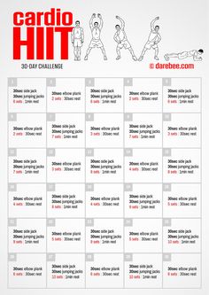 the cardio hit 30 day challenge is shown in red and white, with an image of