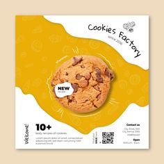 a flyer for a cookie factory with an image of a chocolate chip cookie on it