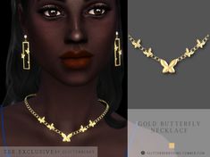 the gold butterfly necklace and earring is shown in three different views, including an image of