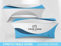 two white and blue curved table covers with the logo your logo here on them, sitting next to each other