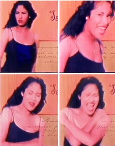 four different pictures of a woman laughing and making funny faces in front of a wall