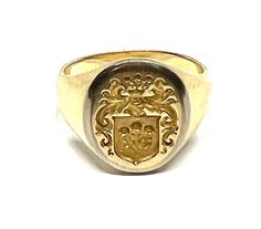 Men's Crest Ring. Vintage 18K Yellow Gold Crest Men's Ring Metal Type: 18K Yellow Gold Ring Size: 9 Item Weight: 11.7 grams Condition: Excellent Like-new condition, with almost no visible wear. Formal Yellow Gold Signet Ring With Coat Of Arms, Formal Yellow Gold Engraved Ring With Coat Of Arms, Formal Yellow Gold Coat Of Arms Ring, Classic Yellow Gold Engraved Ring With Coat Of Arms, Gold Engraved Ring With Coat Of Arms For Anniversary, Classic Formal Rings With Coat Of Arms, Formal Gold Signet Ring With Coat Of Arms, Gold Oval Signet Ring With Maker's Mark, Formal Engraved Ring With Maker's Mark