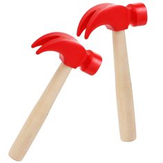 two wooden hammers with red handles on white background