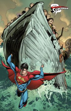 superman flying over the top of a boat with people on it and one man in red cape