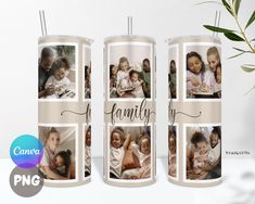 three candles with photos on them and the words family printed on one candle is next to a potted plant