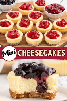 mini cheesecakes with blueberry sauce on top