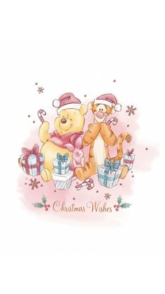 two teddy bears sitting next to each other with presents in front of them and the words christmas wishes