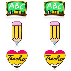 three pencils with the words teacher written on them and two heart shaped erasers