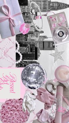 a collage of pink and silver items