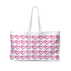 "Unique and Colorful Original Watercolor Multiple Pink Hearts Design Print In White and Pink Tote Bag, Unisex Shopping Bag or Weekender Tote Bag for Women and Men Add some color to your everyday chores, and enjoy an original art printed tote bag made by me, a high-quality and long-lasting weekender tote bag to fit all you need for the holiday season weekend out of your home. It is perfect for a weekend away, your daily shopping in the market, or a quick stop at the cafe with your bestie. This unisex weekender tote is just the perfect addition to your accessories. This practical, high-quality Tote Bag is available in 24\" x13\" large yet comfortable size. All-over print provides comfort with style. Made from reliable materials, and lasts for seasons. Buy this colorful and unique weekend tot Valentine's Day Heart-shaped Bag With Removable Pouch, Heart-shaped Pink Bag With Removable Pouch, Heart-shaped Shopping Bags, Heart-shaped Bag With Removable Pouch For Everyday Use, Heart-shaped Bags With Removable Pouch For Everyday Use, Large Capacity Heart-shaped Bag For Daily Use, Heart-shaped Large Capacity Bag For Daily Use, Pink Heart-shaped Bag For Everyday Use, Pink Heart-shaped Bag With Heart Print