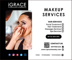 an advertisement for makeup services with a woman applying her face