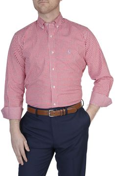 Patterned in a classic gingham check, this stretch-cotton button-down features contrast panels that pop when you open the collar and roll up the cuffs. Front button closure Button-down collar Long sleeves with button cuffs 97% cotton, 3% spandex Machine wash, tumble dry Imported Plaid Shirt For Business Casual In Spring, Formal Gingham Shirt For Spring, Spring Gingham Shirt With Spread Collar, Classic Plaid Shirt For Spring, Sport Shirts, Mens Sport Coat, Red Gingham, Outerwear Vest, Polo Sweater