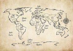 the world map is drawn on an old paper