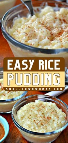 an easy rice pudding recipe with cinnamon sprinkles in glass bowls on a wooden table