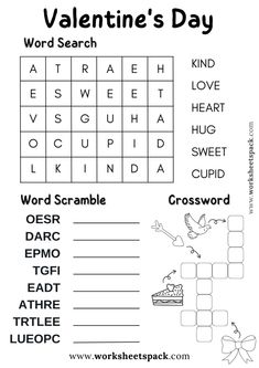 valentine's day worksheet with words and pictures to help students learn the word search