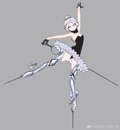 a drawing of a woman in a black and white dress holding a pole with one hand