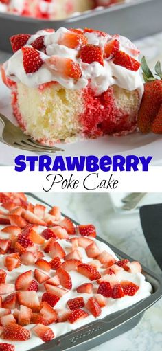 strawberry poke cake with white frosting and strawberries on top