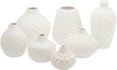 five white vases are lined up on a white background, each with different shapes and sizes