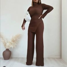 Zara Long Knit Pants And Top Elegant Knit Bottoms For Winter, Chic Solid Color Knit Pants, Elegant Knit Pants For Loungewear, Elegant Knit Bottoms For Workwear, Chic Knit Bottoms For Workwear, Chic Knit Trousers, Brown Knit Bottoms For Fall, Knit Trousers For Fall, Fall Knit Trousers