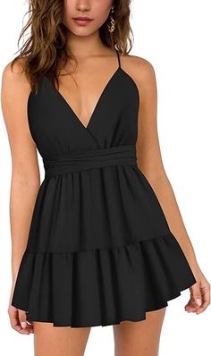 Women’s Deep V-Neck Cami Dress Crisscross Open Back Tie Waist Mini Dresses Unique Hoco Dresses, Sleeveless Dress Casual, Hoco Dresses Flowy, Short Hoco Dresses, Layered Ruffle Dress, Hoco Dresses Tight, Tie Waist Dress, Womens Cocktail Dresses, Night Out Dress