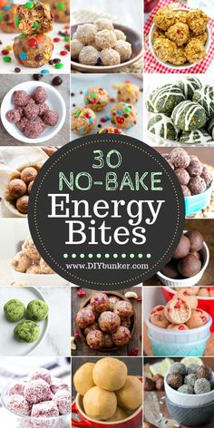 no bake energy bites collage with text overlay that reads 30 no bake energy bites