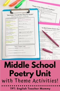 the middle school poetry unit with some writing and pencils next to it on a table