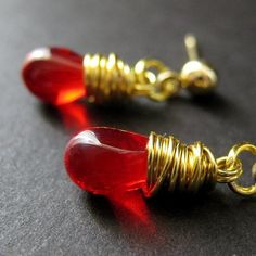 VALENTINE SALE Blood Red Earrings. Gold Wire Wrapped Earrings - Teardrop Post Earring Backs. Handmad Butterfly Locket Necklace, Gold Wire Wrapped Earrings, Teardrop Jewelry, Valentines Sale, Fairy Necklace, Earrings Teardrop, Earrings Wire, Wrapped Earrings, Artisan Earrings