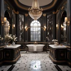 a fancy bathroom with two sinks, tub and chandelier in black and gold