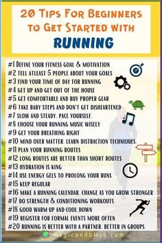 a poster with the words 20 tips for beginners to get started with running on it