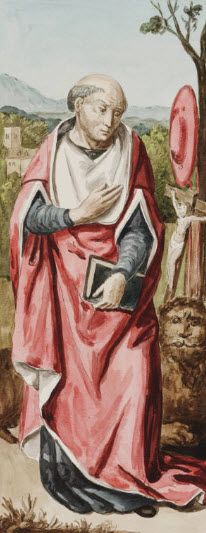 an old painting of a man holding a book