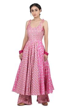 Shop for Seema Nanda Pink Chanderi Silk Simrat Printed Anarkali Sharara Set for Women Online at Aza Fashions Strappy Anarkali, Printed Anarkali, Printed Embroidery, Embroidered Bodice, Sharara Set, Silk Organza, U Neck, Set For Women, Anarkali