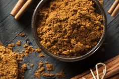 cinnamon powder in a bowl next to cinnamon sticks