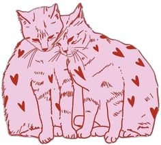 two cats sitting next to each other with hearts drawn on them's chests