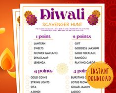 the diwali scavenger hunt is on display in front of an orange background