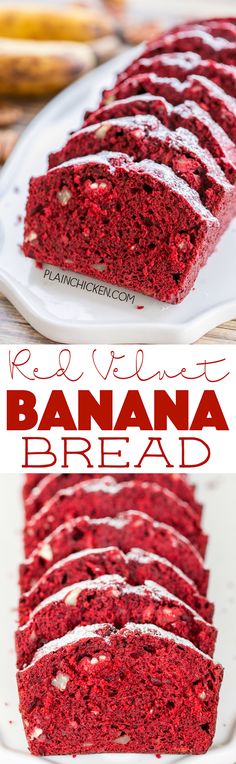 red velvet banana bread with white icing is cut into slices and sits on a plate