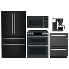 black appliances and coffee maker are shown in this image, including an oven, refrigerator, microwave, dishwasher, and coffee maker