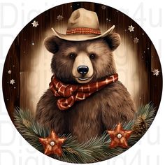 a brown bear wearing a cowboy hat and scarf with stars around it's neck